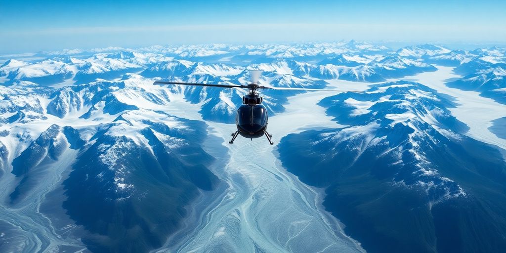 A helicopter flying over vast, snow-covered Alaskan mountains.