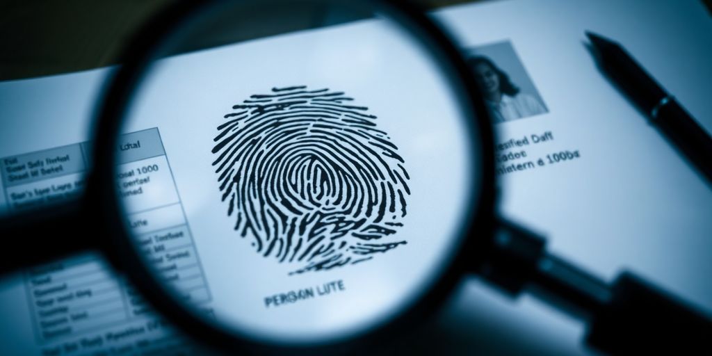 Magnifying glass over sensitive document and fingerprints.