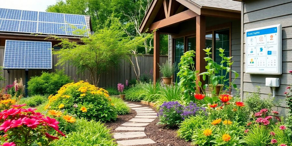 Jardim sustentável com tecnologia de automação residencial moderna.