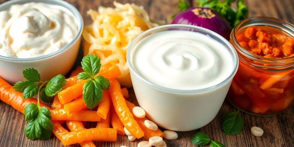 Variety of probiotic-rich foods on a wooden table.