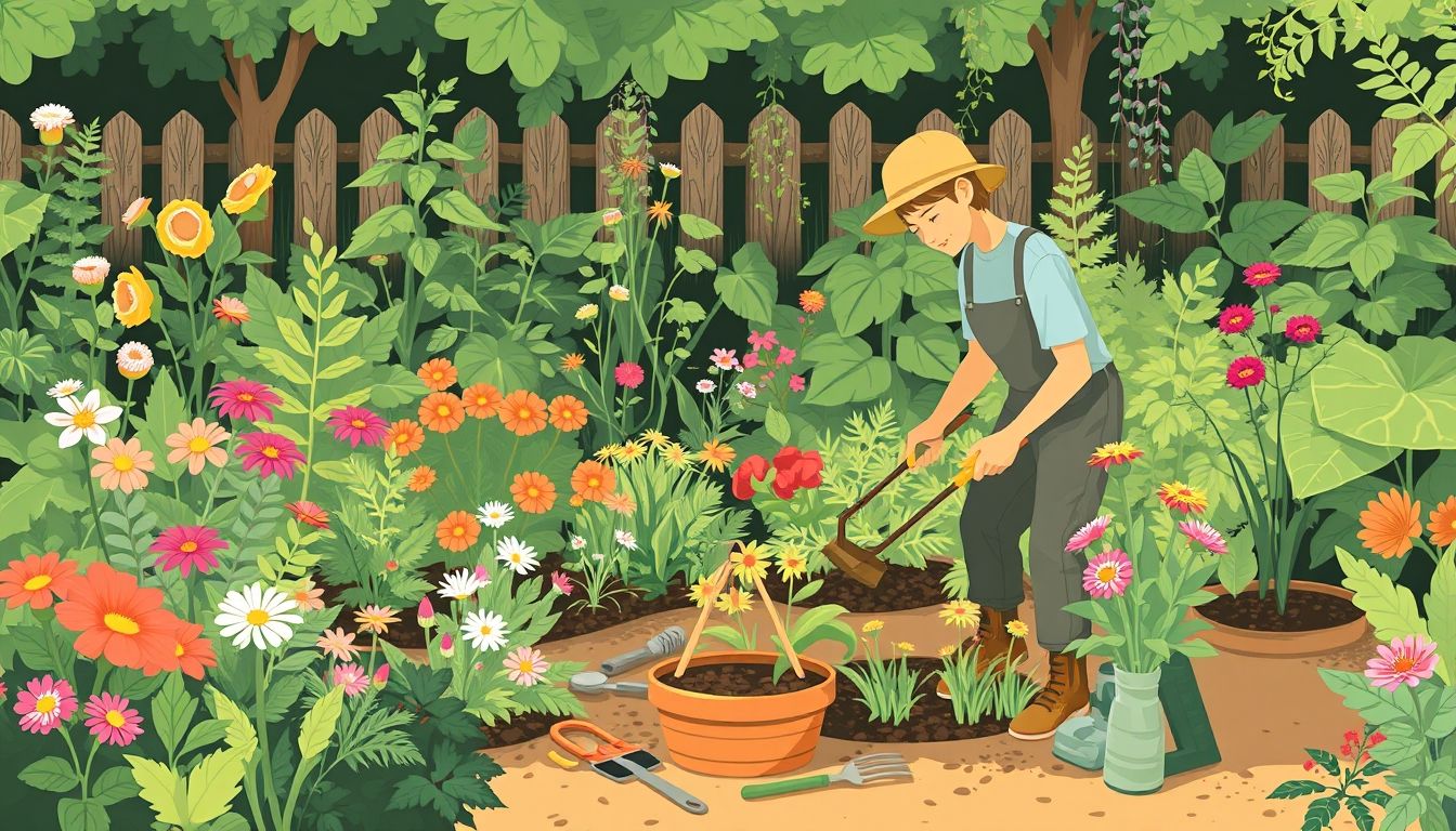 Gardener working in a lush garden with tools.