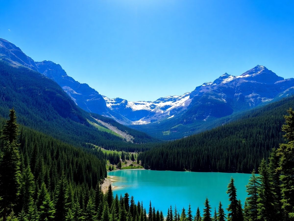 Peisaj montan cu pădure și lac alpin.