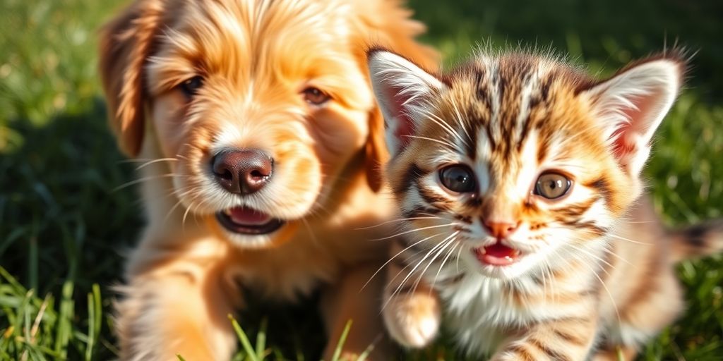 Adorable puppy and kitten playing together outside.