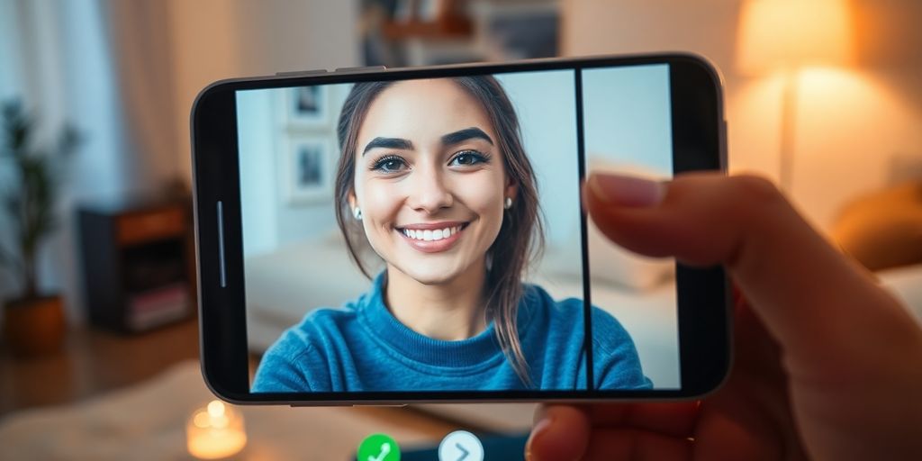 Virtual girlfriend app on smartphone in cozy setting.