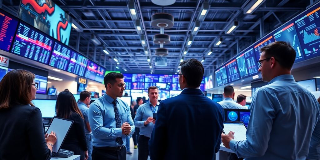 Business professionals collaborating in a modern office setting.