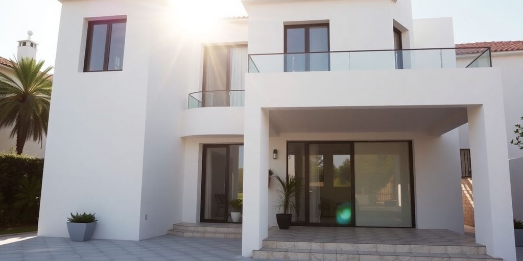 Modern portuguese villa exterior with financial charts subtly integrated.