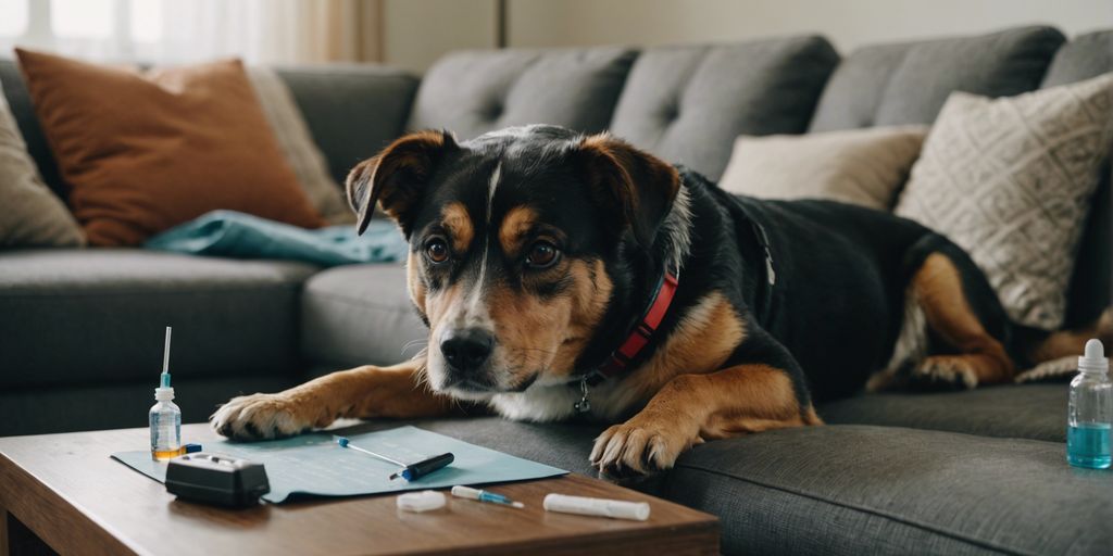 Concerned dog owner with sick dog on couch, thermometer and medicine on table.