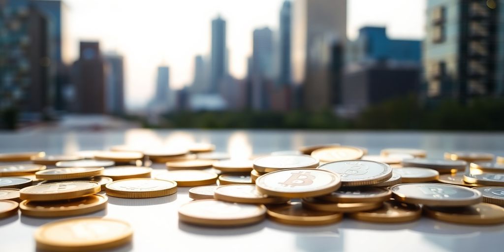 Dallas skyline with gold coins.