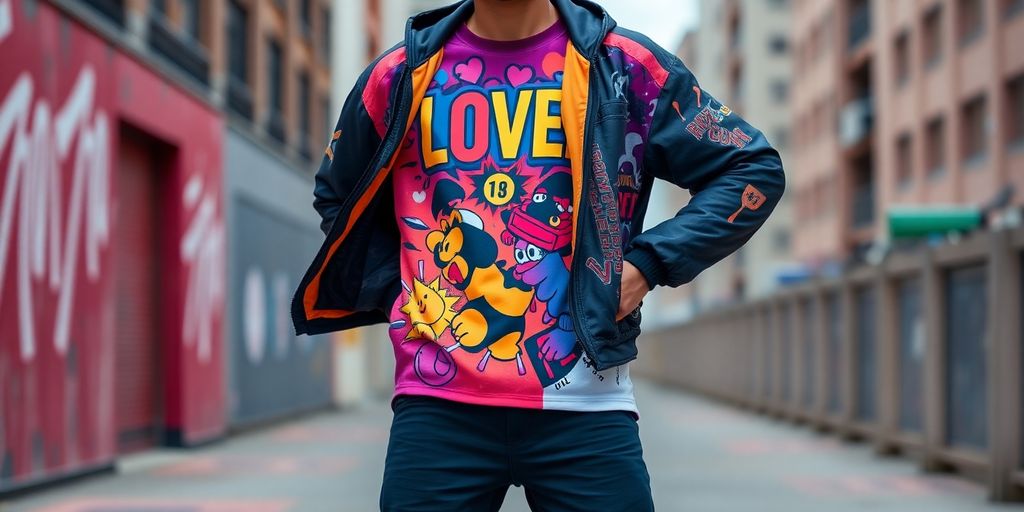 Model in oversized graphic t-shirt against urban backdrop.