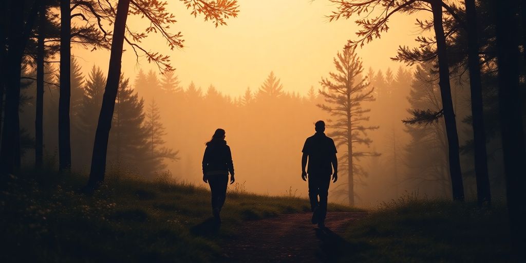 Silhouettes walking on a peaceful forest path at sunset.