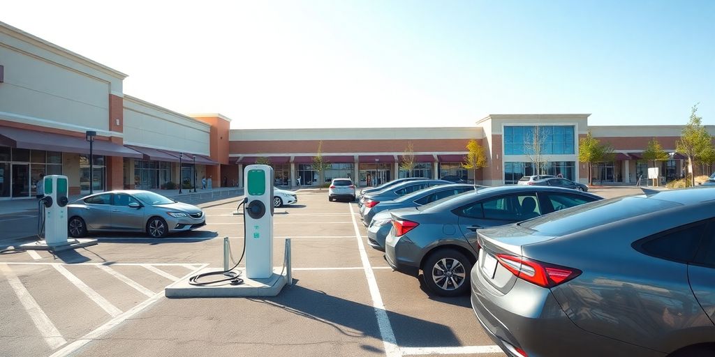EV chargers in a busy shopping center parking lot.