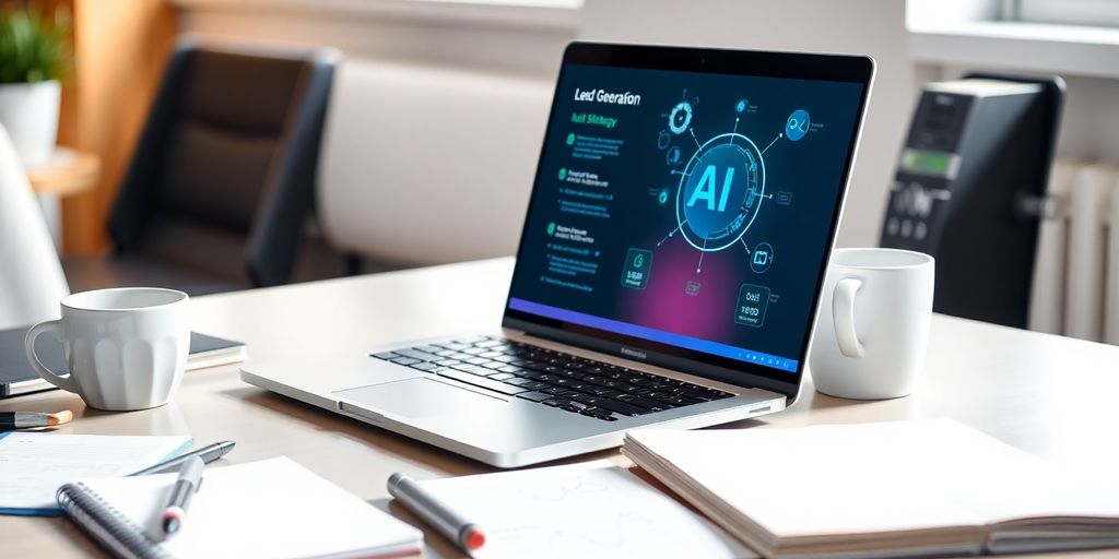 Moderan radni prostor sa laptopom i AI alatima.