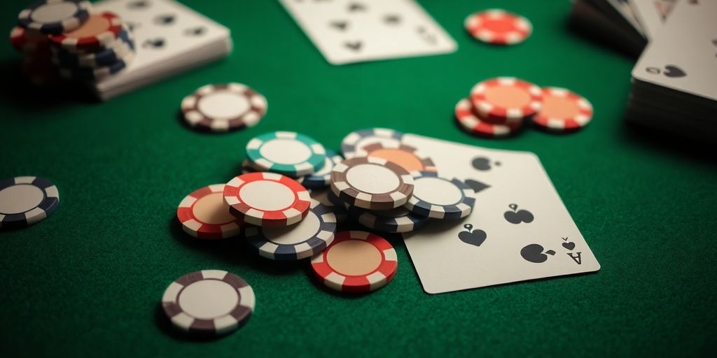 Poker chips and cards scattered around a felt table.
