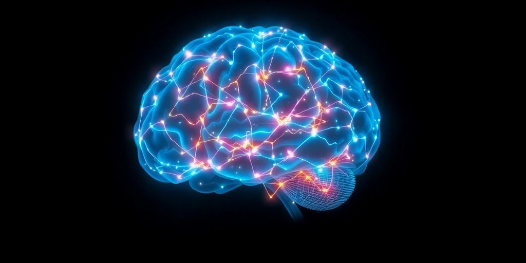 Abstract glowing brain with digital connections.