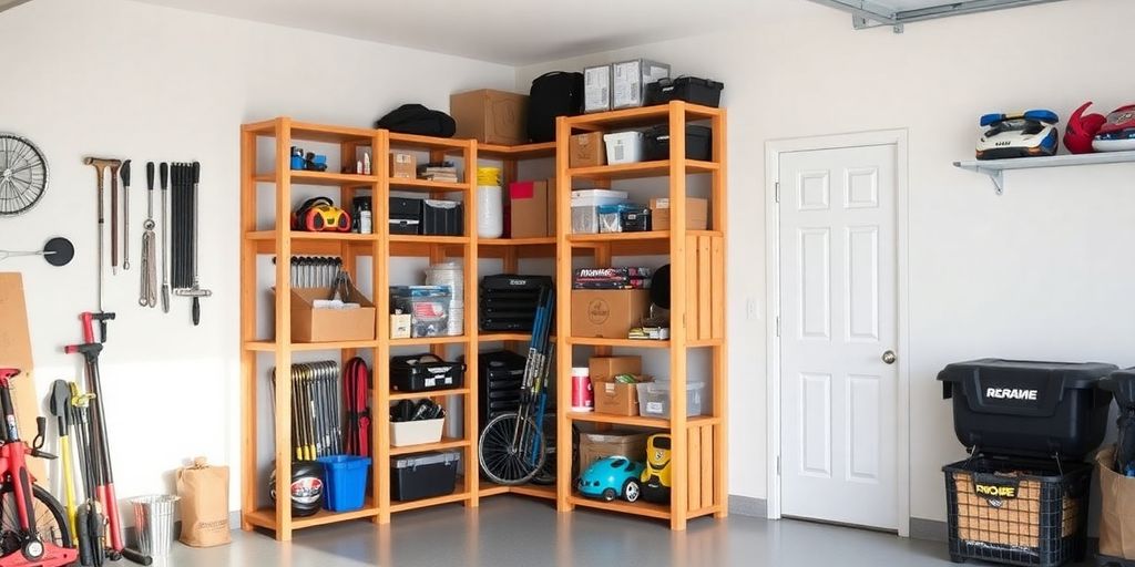 Corner garage shelving unit filled with organized tools and boxes.