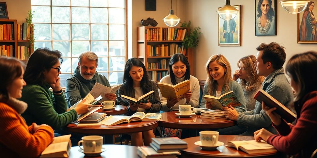 Readers discussing books in a cozy café setting.