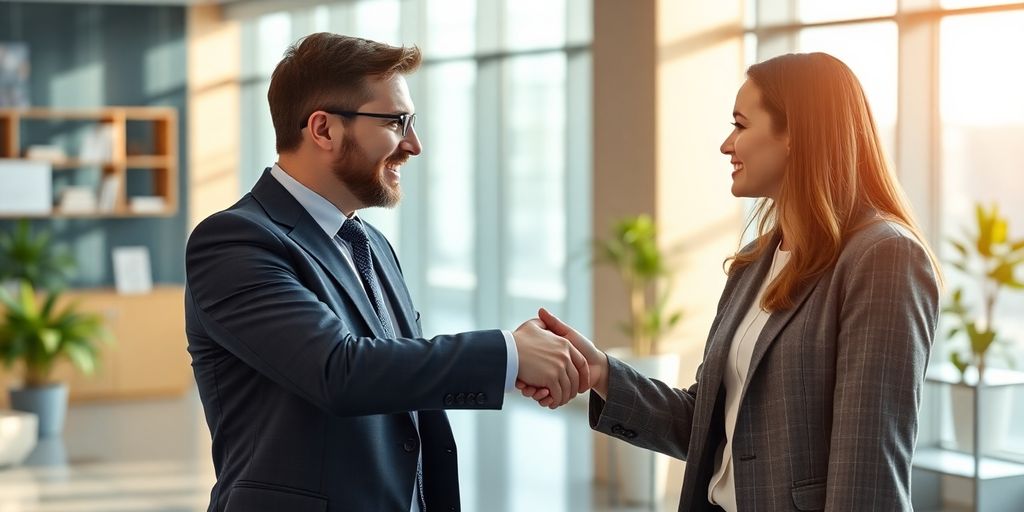 Person closing a deal in a modern office.