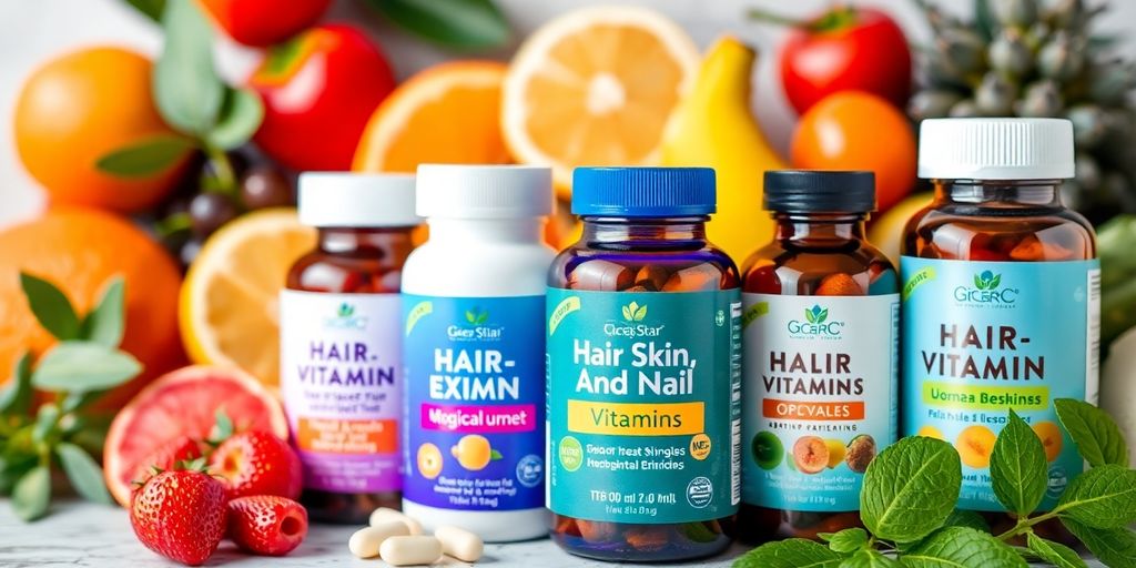 Assorted hair, skin, and nail vitamins with fresh ingredients.