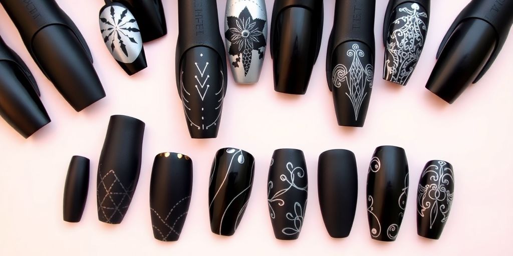 Stylish black nail designs with various patterns and textures.