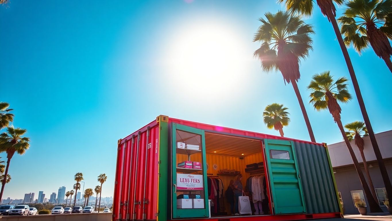 Shipping container pop-up shop, sunny Los Angeles