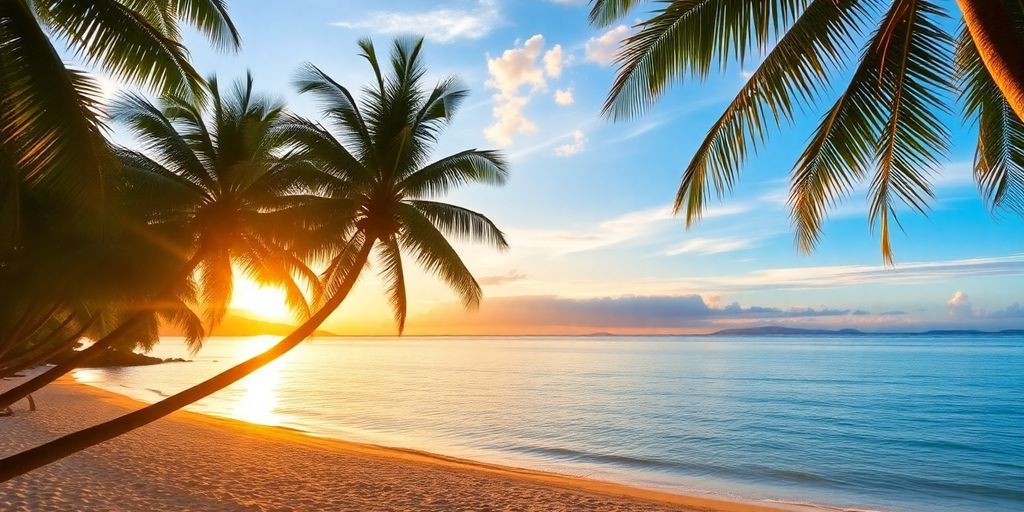 Tropical beach in Phuket during sunset with palm trees.
