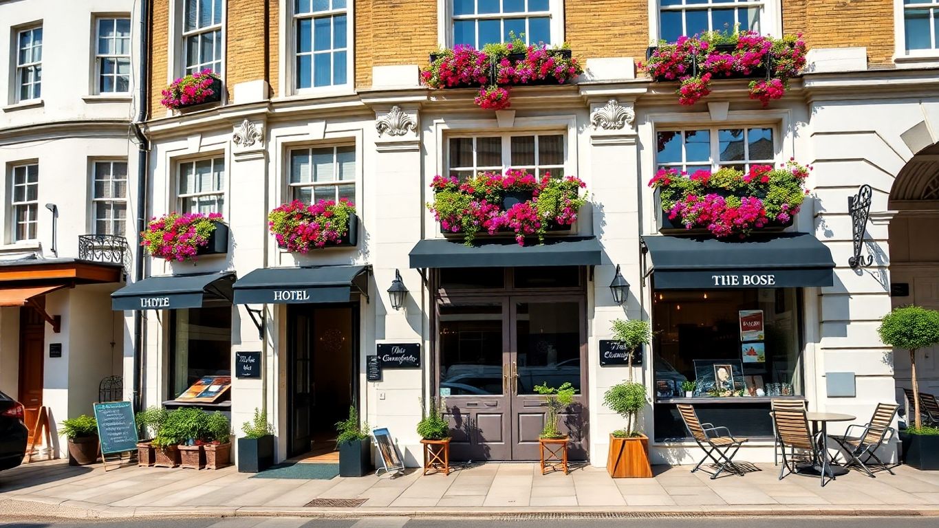 Charming boutique hotel exterior with vibrant flowers and seating.
