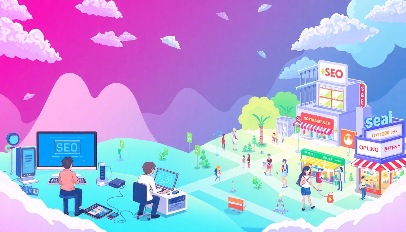 Anime characters working on SEO in a digital landscape.