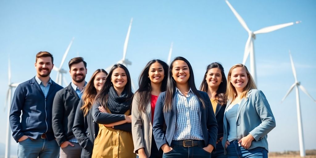 Jeunes ingénieurs souriants dans un champ d'éoliennes.