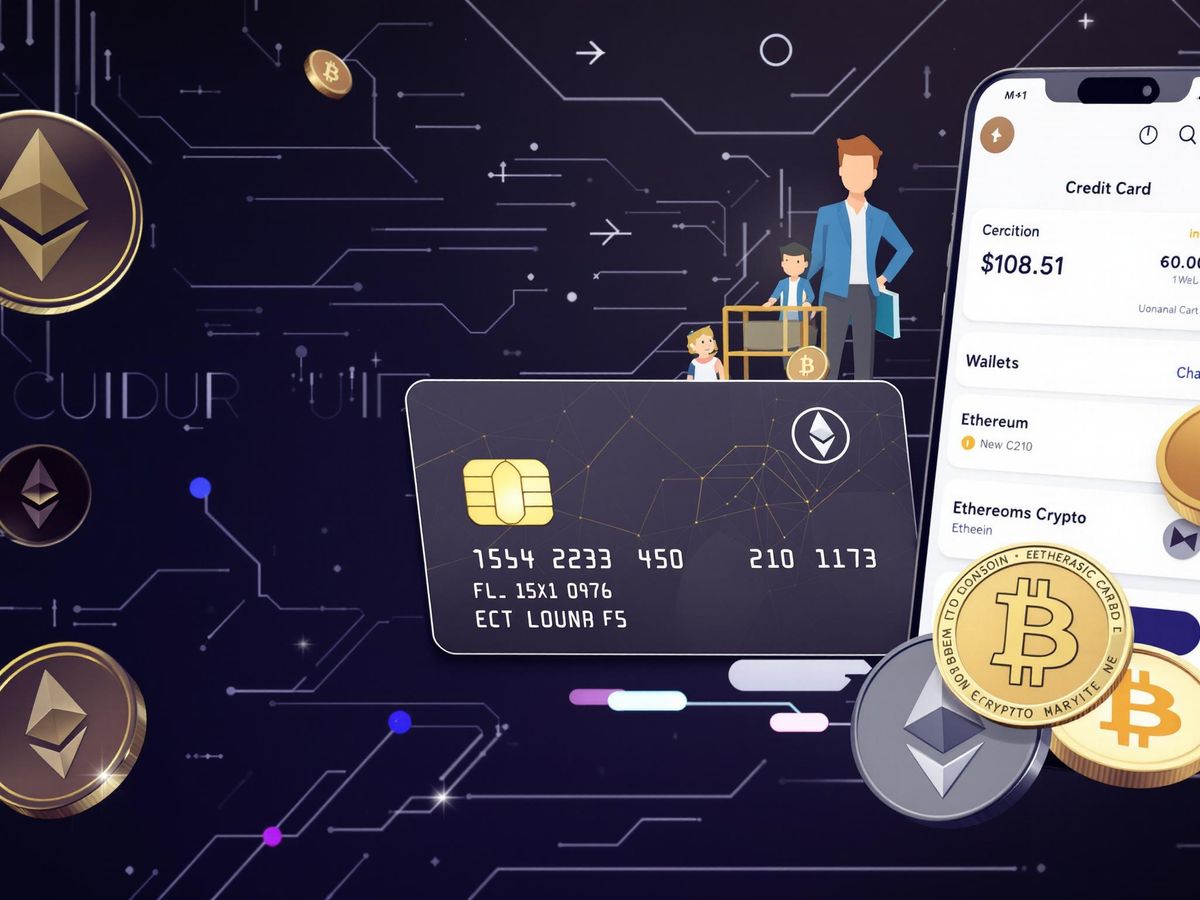 Credit card and cryptocurrencies on a tech-inspired background.