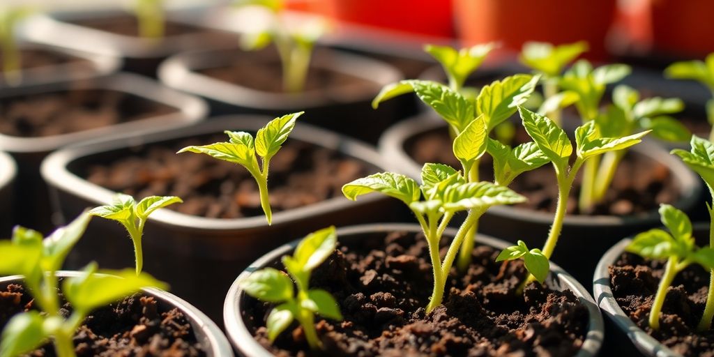 Healthy tomato seedlings growing indoors.
