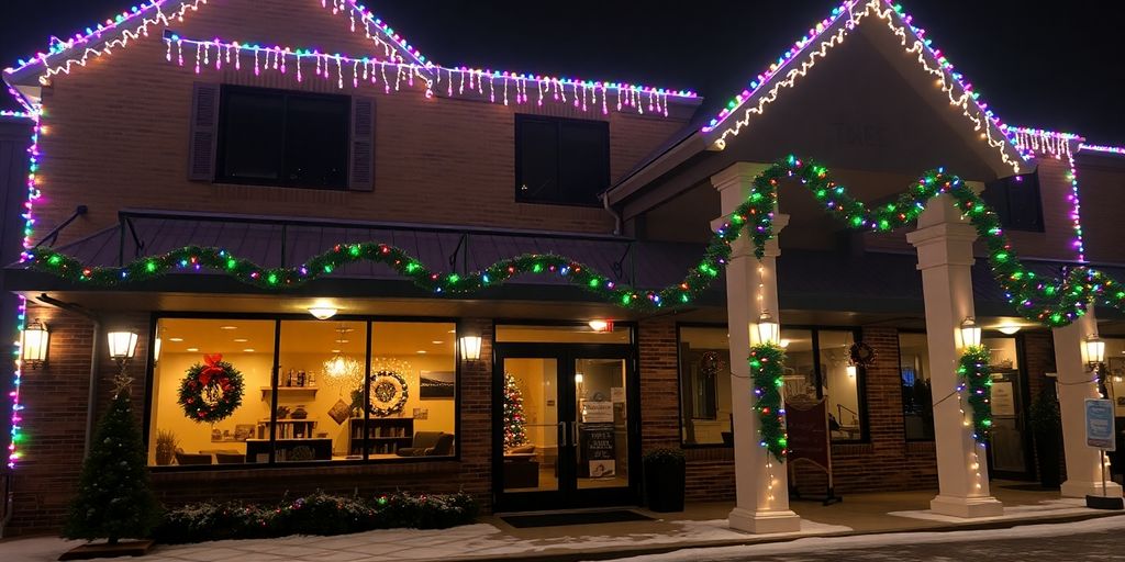 Commercial building at night with colorful Christmas lights and wreaths