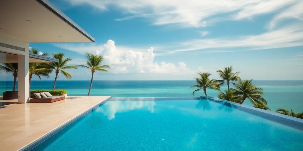 Luxury villa infinity pool, ocean view.