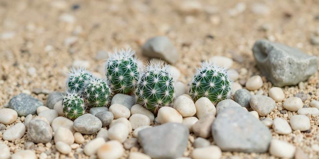 Mini jardín de Mammillaria gracilis con grava y piedras.