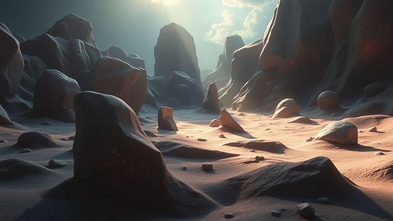 Abstract shapes morphing in a surreal, dreamlike landscape.