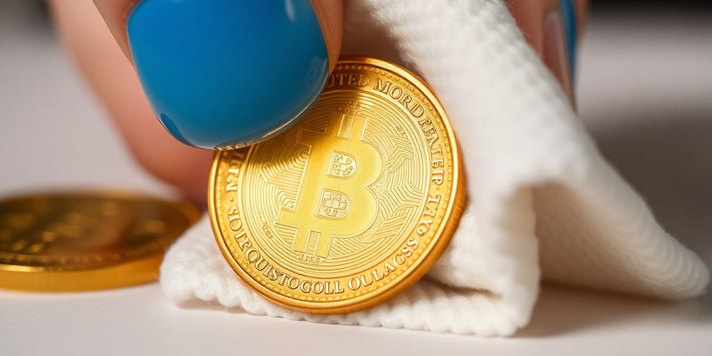 Une pièce d'or brillante en cours de nettoyage.