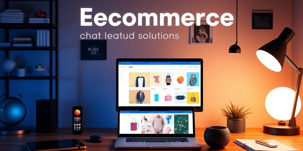 Modern ecommerce workspace with laptop and product imagery.