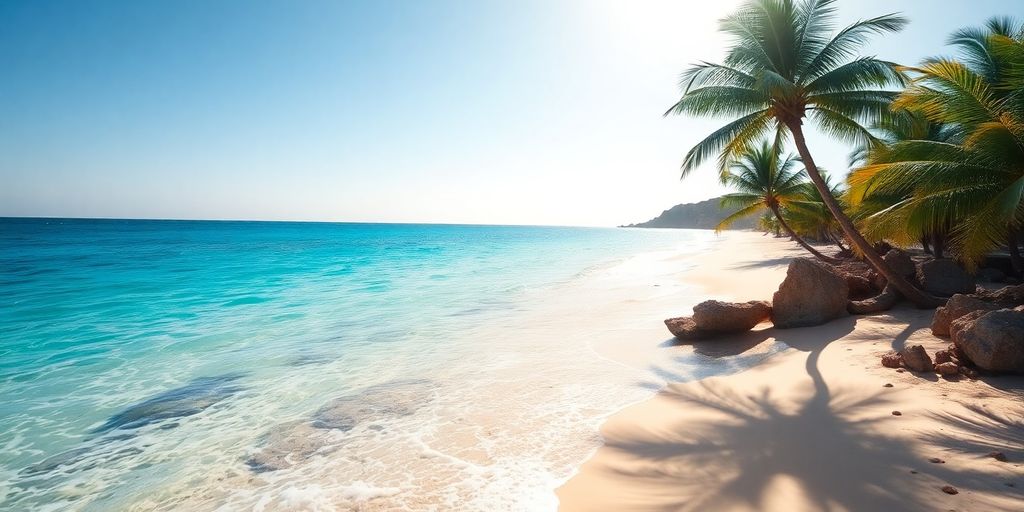 Secluded beach with turquoise water and golden sand.