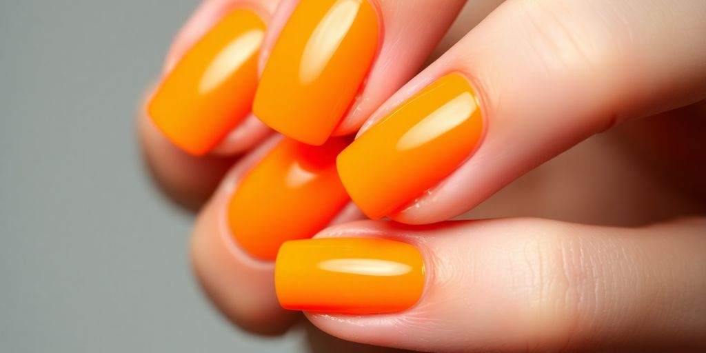 Unhas laranja neon brilhantes em fundo neutro.