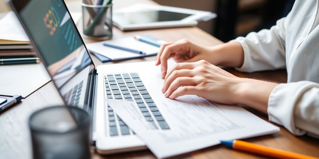 Person typing on laptop in a creative workspace.