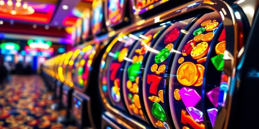 Colorful slot machine reels spinning.