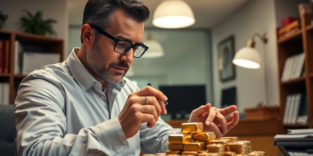 Professionnel examinant des lingots d'or et des pièces.