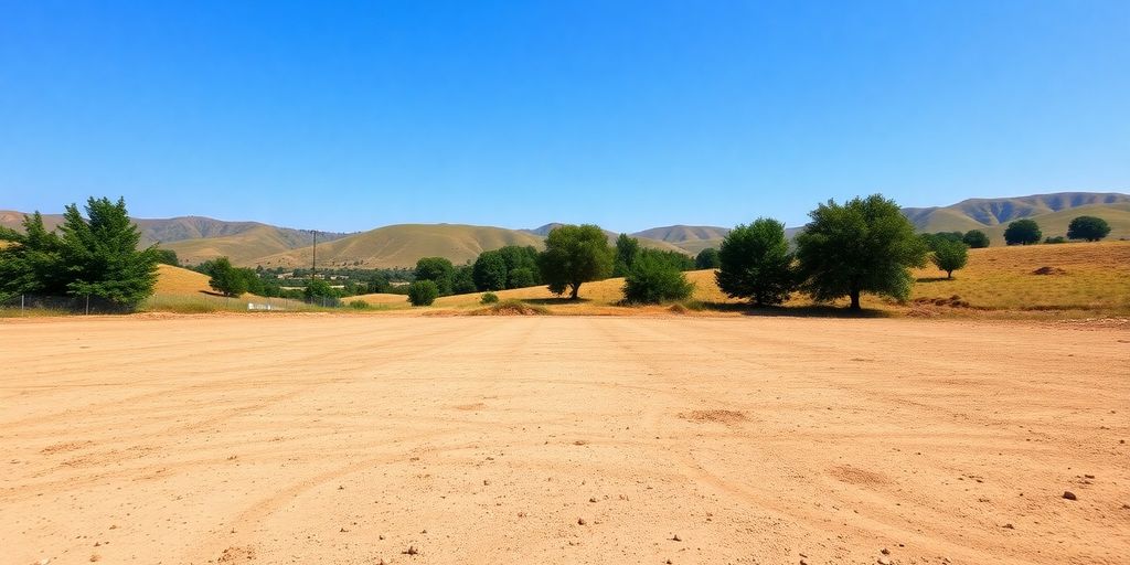 Empty plot with rolling hills, trees, and blue sky.