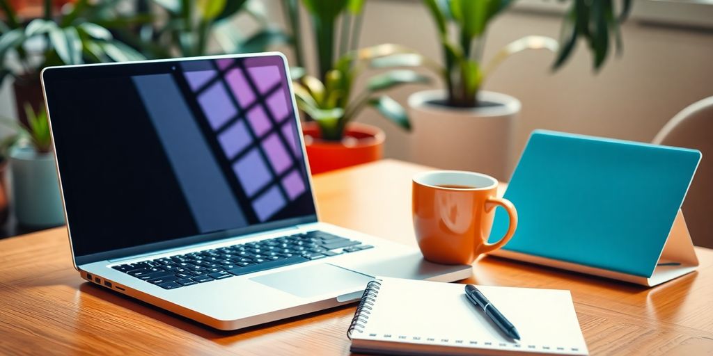 A modern workspace with laptop and coffee cup.