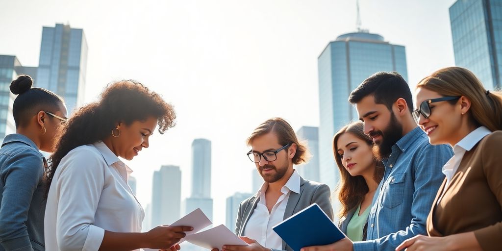Diverse professionals working, cityscape backdrop, bright.
