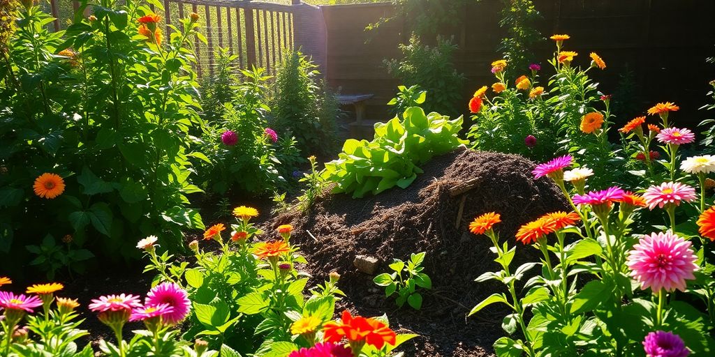 Garten mit Komposthaufen und Blumen.