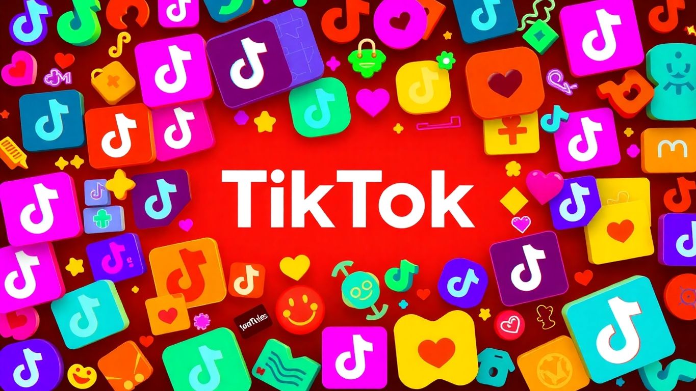 Colorful collage of TikTok branding elements.