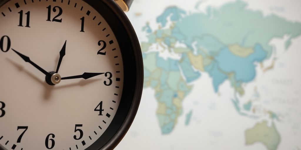 Clock with world map in background.