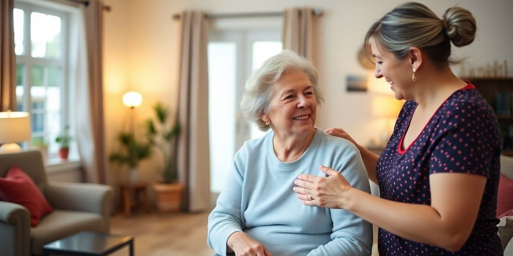 Caregiver assisting an elderly person in a cozy home.