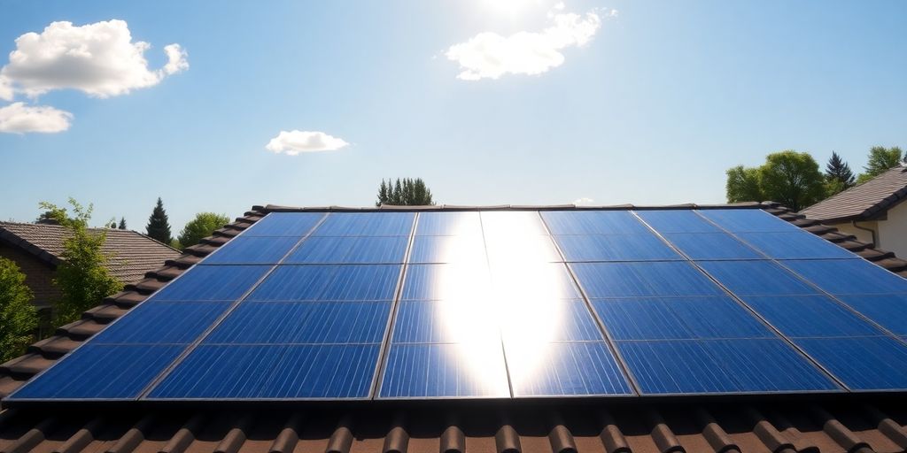 Panouri solare pe acoperișul casei strălucitoare în lumina soarelui zilei