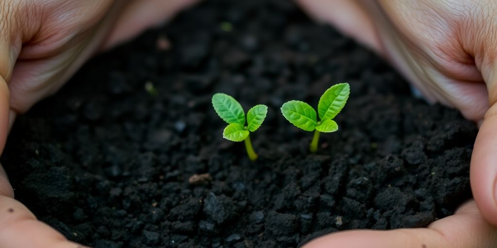 Hands holding rich soil with a tiny seedling.